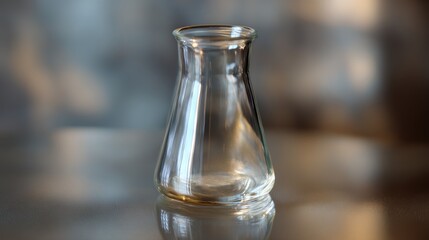 Close-up of a small glass vase or pitcher. the vase is made of clear glass and has a narrow neck and a wide base. it is sitting on a reflective surface, which appears to be a table or countertop.