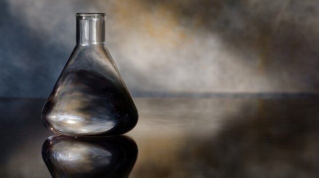 Close-up of a glass flask on a reflective surface. the flask is made of clear glass and has a narrow neck and a wide opening at the top. it appears to be empty and is sitting on a table.