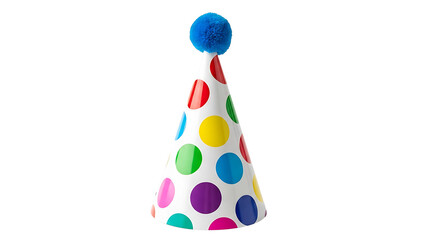 Isolated party hat with colorful polka dots and blue pom pom for birthday celebration decoration accessory on transparent background