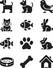 Cute pet icons: dog, cat, bird, fish, rabbit, bone, paw