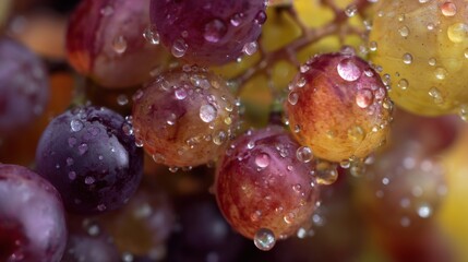 Close-up of a bunch of grapes. the grapes are of different colors - purple, red, and yellow - and are covered in small droplets of water.