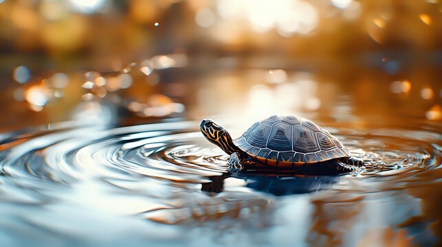 Small turtle swimming in calm water with ripples, captured during golden hour with soft bokeh background and reflective surface creating peaceful nature scene.