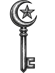 Vintage engraved key adorned with a crescent moon and star, a powerful symbol representing spiritual access, faith, and profound insights into Islamic heritage