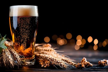 Glass of fresh draft beer with wheat ears on dark wooden table against blurred bokeh lights background, bubbles rising in amber beverage.