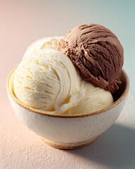 Three Scoops of Milk and White Chocolate Ice Cream in Ceramic Bowl with Pastel Background