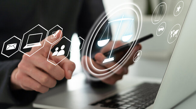 icon law legal justice. Law business and justice banner. Modern flat cube block design with court, scale and justice symbols on smart grey background and copy space.