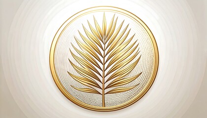 Golden palm leaf in circular frame on light background