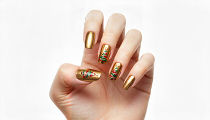 Woman showing off gold nail polish with floral design on hand