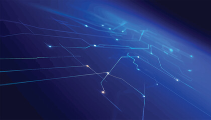 Futuristic global network connection with glowing blue light trails representing digital data streams on a dark background