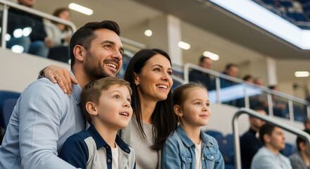 Family at stadium enjoying game looking on, sitting in stands, with children and parents together. Family at stadium during event, excited, shows togetherness in public.