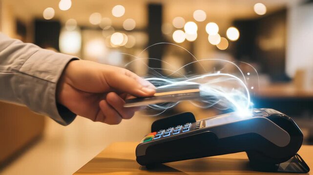 A customer makes a contactless payment by tapping a credit card on a terminal, with light trails visualizing the secure data transfer