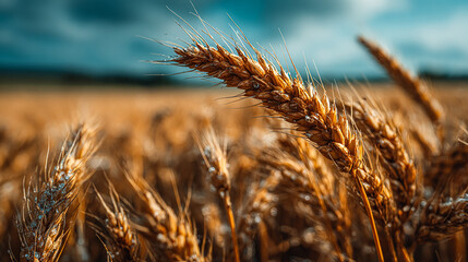 Golden wheat stalks sway in field. Agriculture background with dew droplets. Use for marketing, web design, editorial, and agricultural projects.