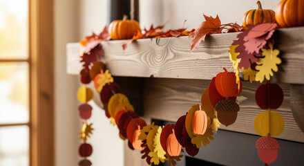 Autumn decoration with garland and small pumpkins atop fireplace mantel in warm and inviting home, autumn decoration with fall-themed garland with acorns and colorful paper leaves.