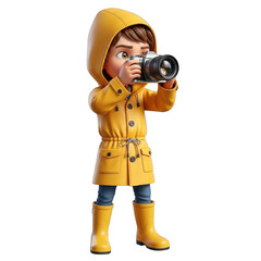 Cartoon photographer child in yellow raincoat and boots capturing a moment with camera