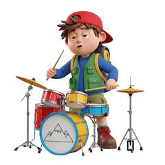 Animated boy character playing drum set with backpack and red cap fun music performance