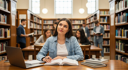 University library scene showcasing student at desk with open book and laptop. University library ambience presents attentive students, many reading and studying.