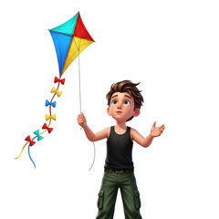 Joyful young boy holding a colorful kite in a dynamic pose