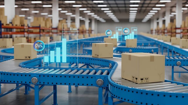 Modern automated warehouse depicting cardboard boxes moving on a conveyor belt with digital data visualization and charts