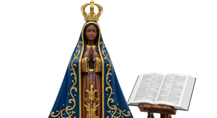 Detailed view of Nossa Senhora Aparecida statue with rosary and Bible beside it, showing a serene religious scene