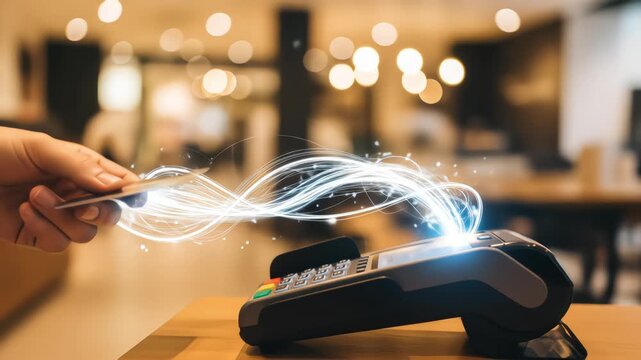 A customer makes a contactless payment by tapping a credit card on a terminal, with light trails visualizing the secure data transfer - Powered by Adobe