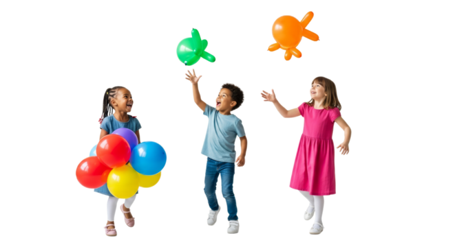 Children enjoy playful moments with colorful balloons while smiling joyfully indoors
