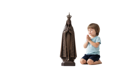 Small child kneeling in prayer before statue of Nossa Senhora Aparecida in peaceful setting