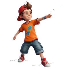 Animated young boy wearing orange t-shirt and blue shorts posing energetically