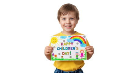 Child celebrating Children's Day with a colorful sign in a bright setting, showcasing creativity and joy