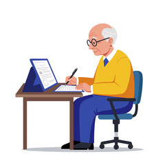 Senior man filling medical form while sitting at a desk with laptop  