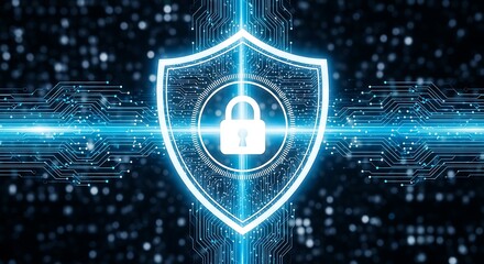 Digital shield with padlock symbol representing cybersecurity and data protection on a futuristic circuit board background