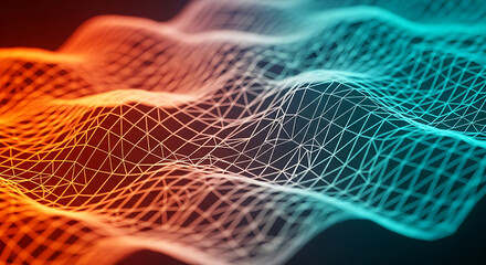 Abstract wireframe landscape with orange and blue gradient creating a wavy surface with triangles created with generated ai