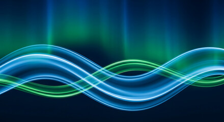 Abstract image featuring blue and green wavy lines against a dark blue and green gradient background created with generated ai