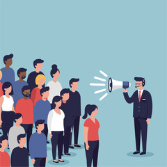 A public speaker with a megaphone addresses an audience