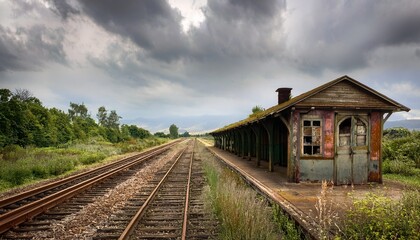 Obraz premium weathered rural train station with rusty tracks and overgrown platform under overcast sky