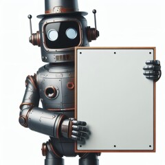 robot awkward holding poster blank copy	 space advertisement announcement promotion empty