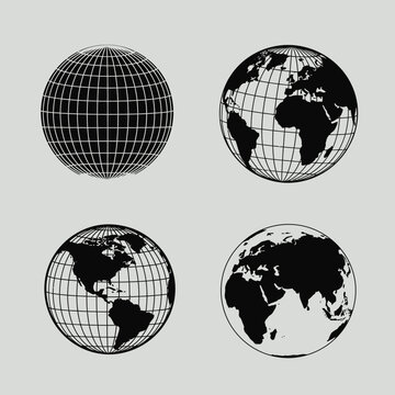 "Black and White Globe Icon Set for Global, Geographic, and International Concepts"