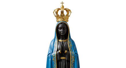 Full statue of Nossa Senhora Aparecida adorned with a golden crown in a serene setting