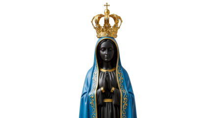 Full statue of Nossa Senhora Aparecida adorned with a golden crown in a serene setting