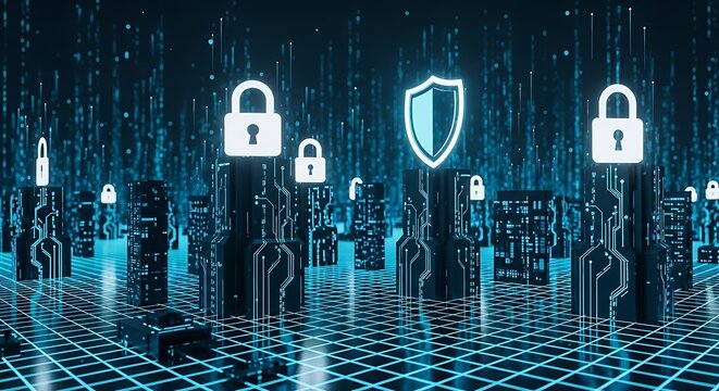 Digital abstract background with glowing circuit board pattern, security shield and padlock icons, representing cybersecurity and data protection