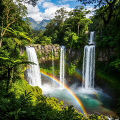 Obraz premium A lush, verdant landscape with several cascading waterfalls surrounded by dense vegetation and misty mountains in the background. Sunlight filters through the trees, creating a serene and picturesque 