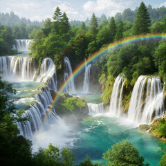 Fototapeta premium A lush, verdant landscape with several cascading waterfalls surrounded by dense vegetation and misty mountains in the background. Sunlight filters through the trees, creating a serene and picturesque 