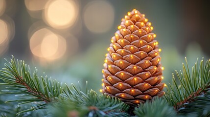 Fototapeta premium Christmas Background: Light Gray Base with Pine Branches, Foreground Yellow Mini Christmas Lights, Old Wooden Cone on Green Leaves