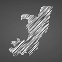 Republic of the Congo map hand drawn sketch. Vector concept illustration flag, scribble map. Country map for infographic, brochures and presentations isolated on black background. Vector illustration