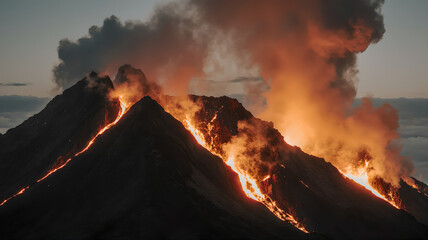 Erupting Volcano at Sunset