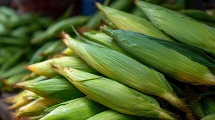 Close-up of a pile of corn kernels. the kernels are green in color and appear to be freshly harvested. they are arranged in a neat pile, with some overlapping each other.