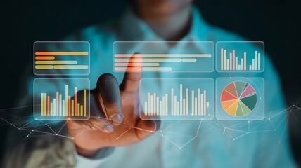 Person interacting with a futuristic interface showcasing data charts and graphs for business analytics and technological advancements.