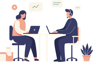 Office workers collaboratively use computers at desks