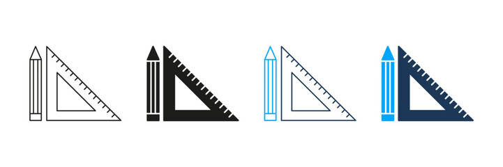Pencil And Triangle Ruler Line And Solid Icon Set. Geometry, Drafting, And Design Tools Symbol Collection. Educational And Architectural Sign. Isolated Vector Illustration