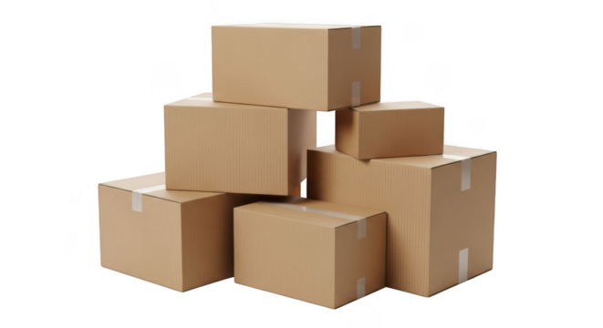 Stack of cardboard boxes isolated on transparent background