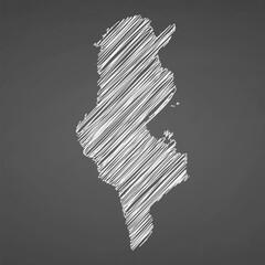 Tunisia map hand drawn sketch. Vector concept illustration flag, scribble map. Country map for infographic, brochures and presentations isolated on black background. Vector illustration